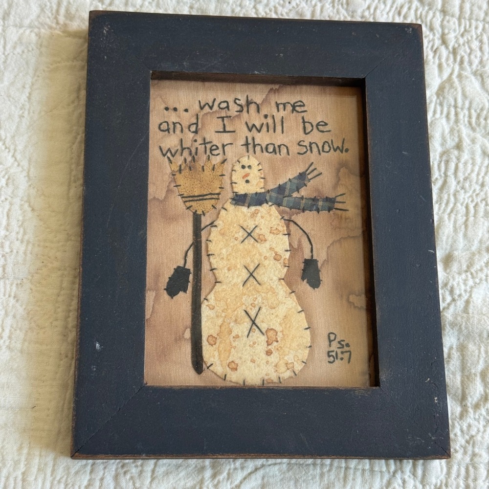Sewing His Seeds Primitive Snowman Psalm 51:7 Framed Folk Art Wall Decor Rustic